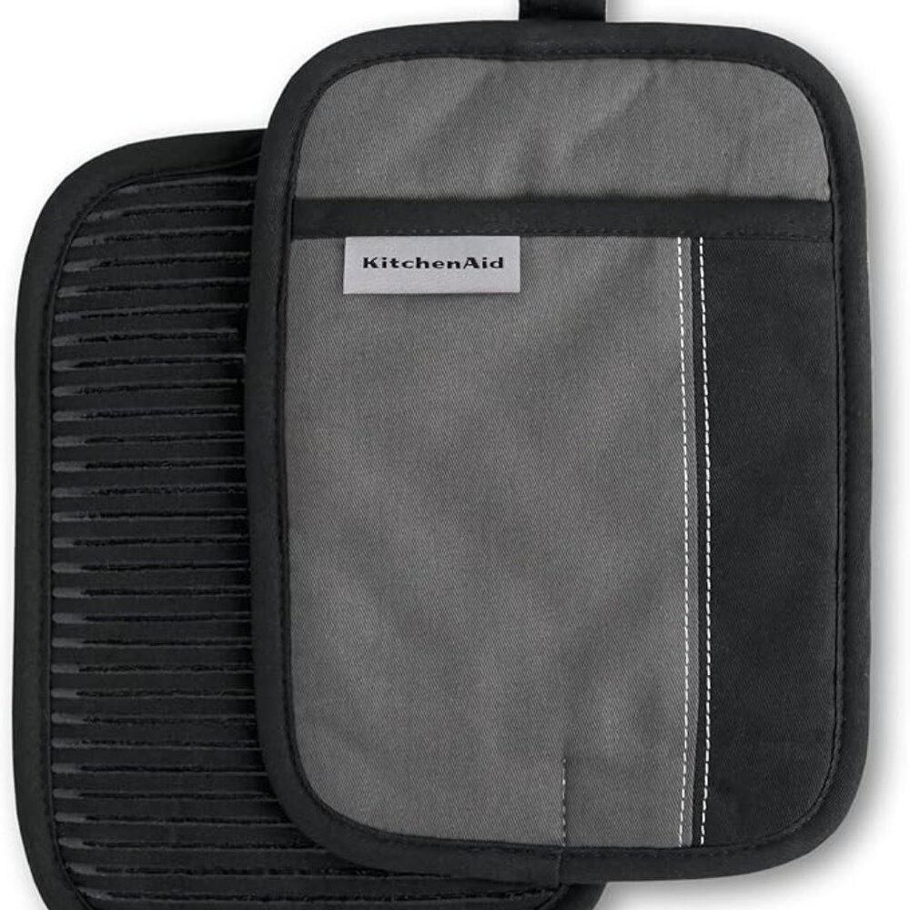 KitchenAid Beacon Non-Slip Pot Holder 2 pc Set Two-Tone Silver/Onyx Black NWOT